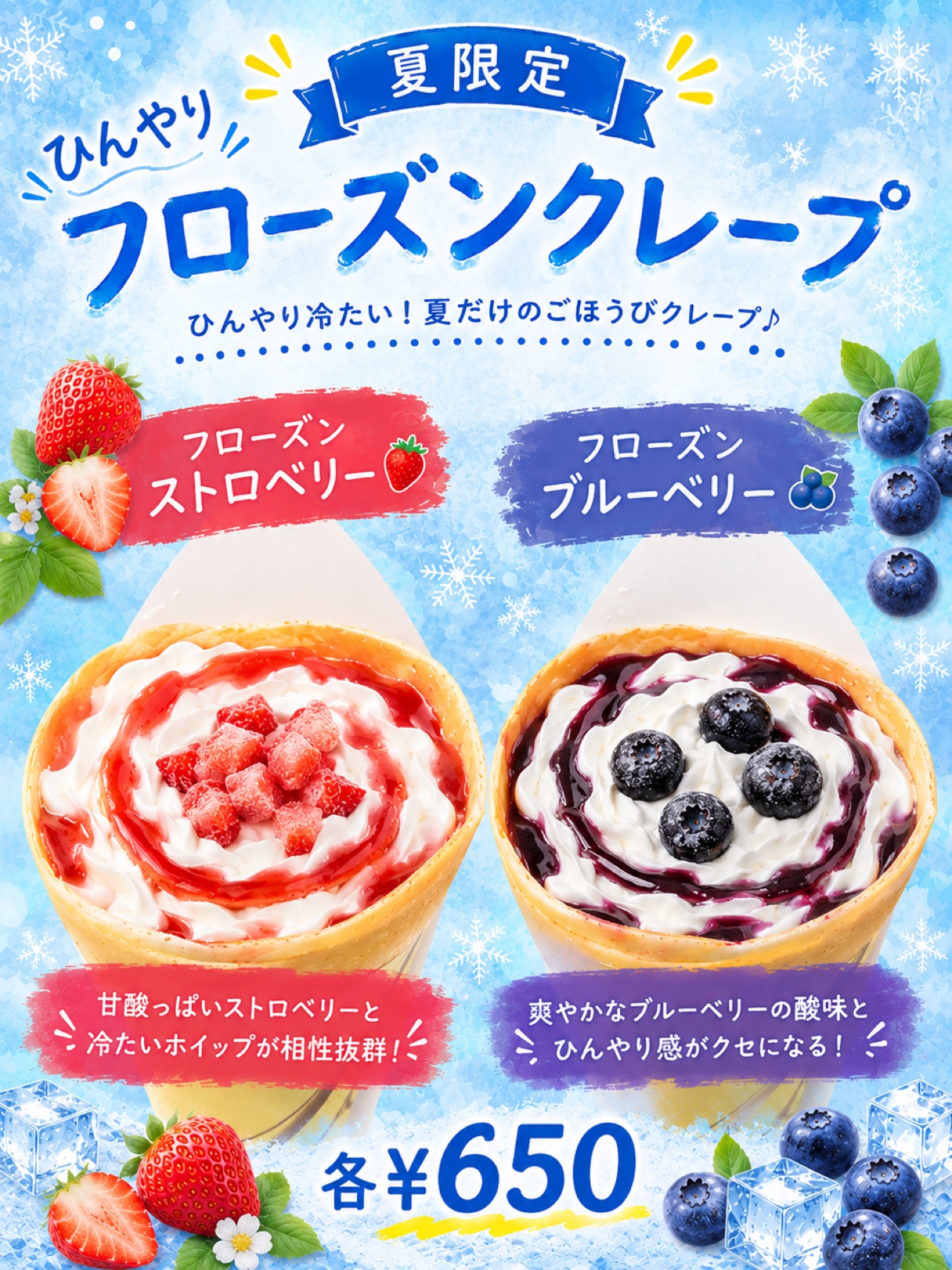 夏限定フローズンストロベリーとフローズンブルーベリーの案内
