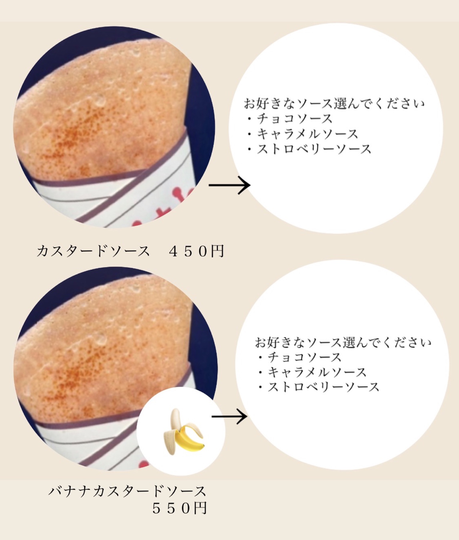 カスタードソースとバナナカスタードソースのメニュー