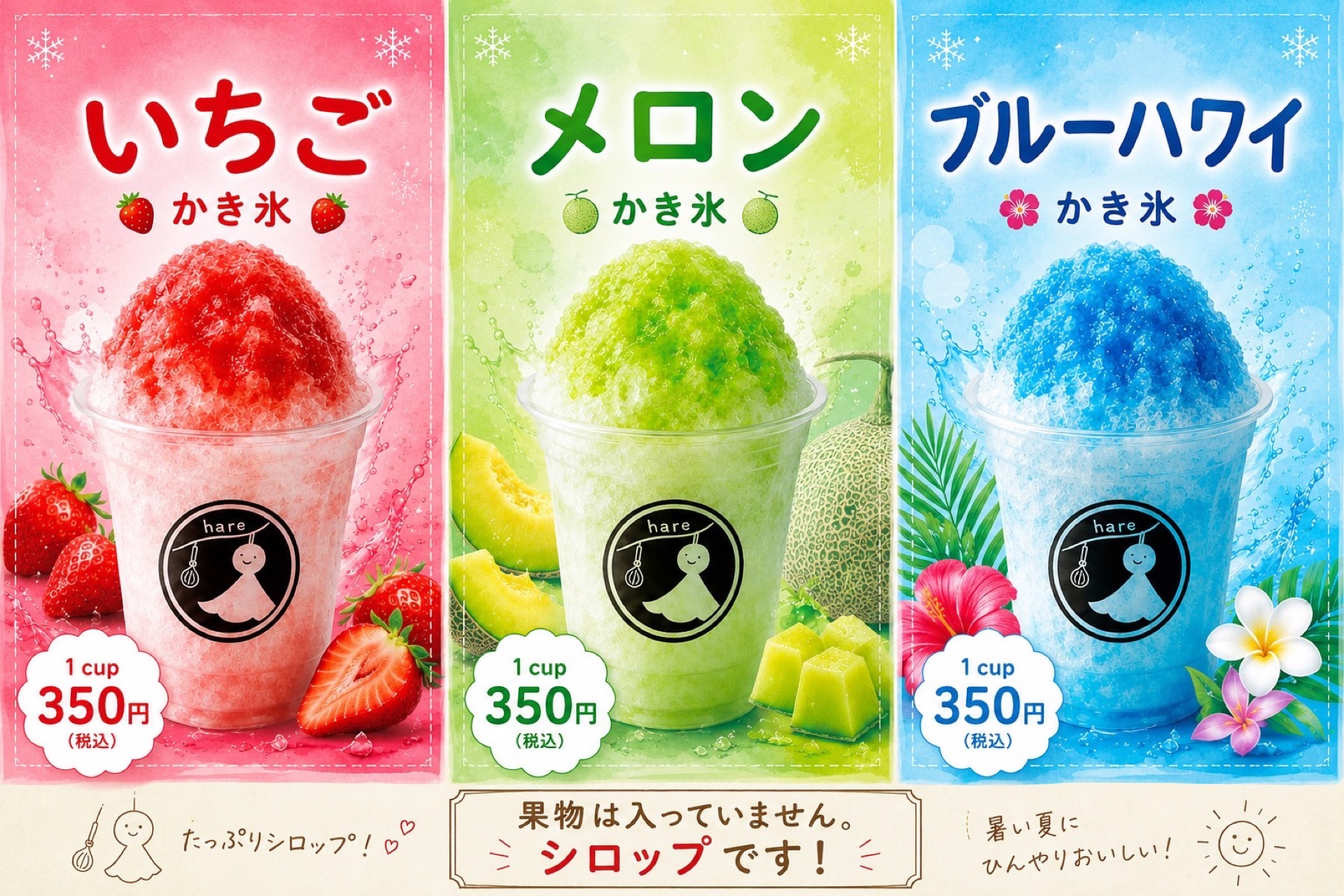 いちご、メロン、ブルーハワイのかき氷メニュー