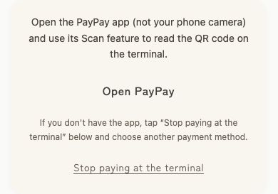 Instructions after selecting PayPay: use Scan in the PayPay app rather than the phone camera.