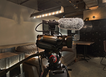 Video camera with a microphone on a tripod in front of sofa seats
